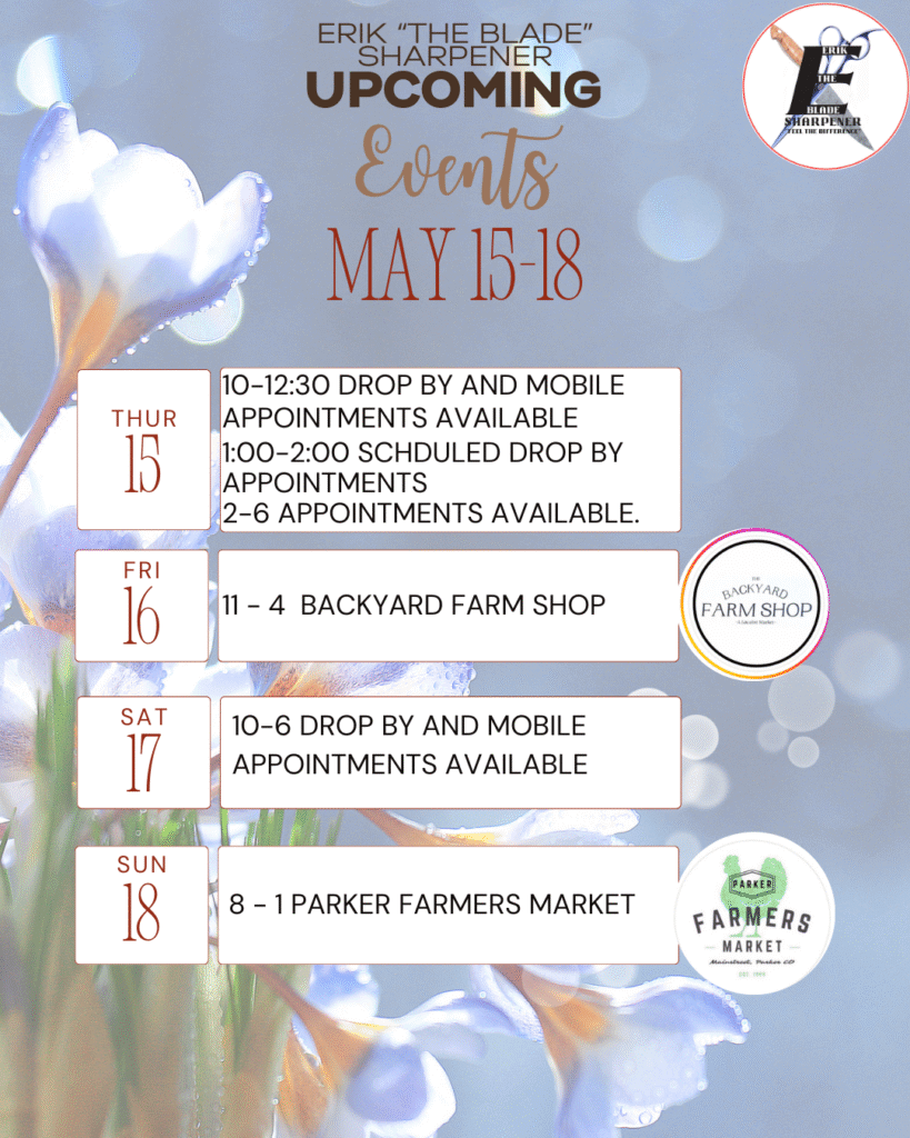 An event schedule graphic listing knife sharpening events from May 15 to May 18, 2025, with details and locations.