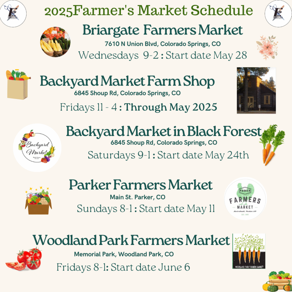 A graphic showing Erik “the Blade” Sharpener’s 2025 farmers market schedule with dates, times, and locations across Colorado Springs, Parker, and Woodland Park.