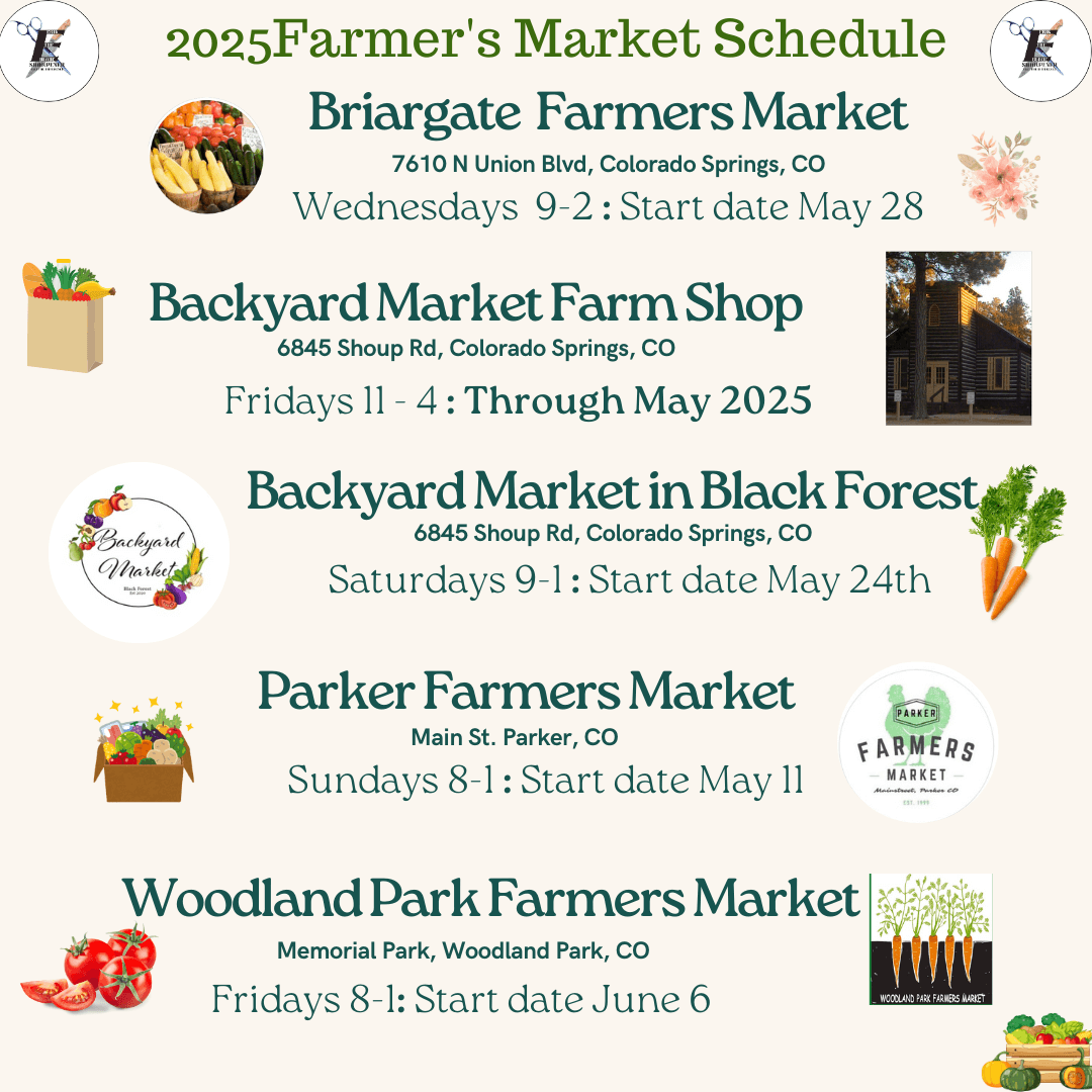 A graphic showing Erik “the Blade” Sharpener’s 2025 farmers market schedule with dates, times, and locations across Colorado Springs, Parker, and Woodland Park.
