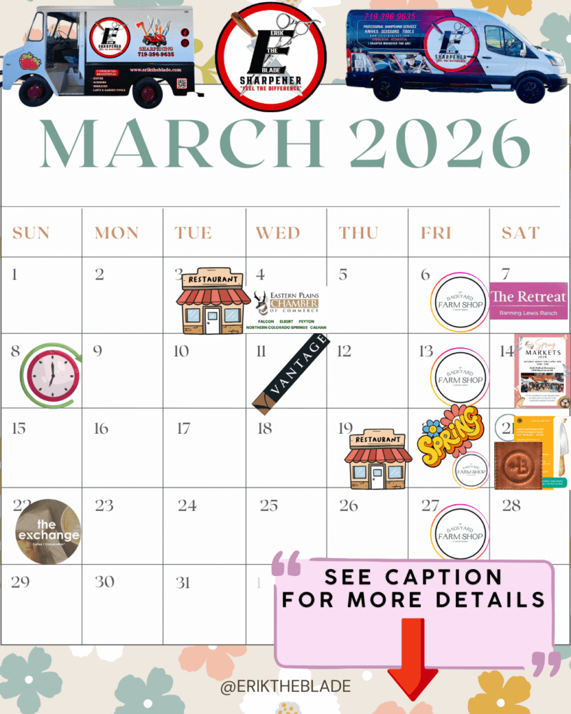 March sharpening calendar showing mobile sharpening events, pop-ups, Backyard Farm Shop Fridays, and Colorado Springs locations