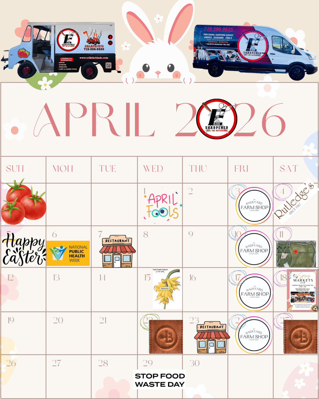 April sharpening calendar showing pop-up events, Backyard Farm Shop Fridays, and mobile sharpening locations in Colorado Springs