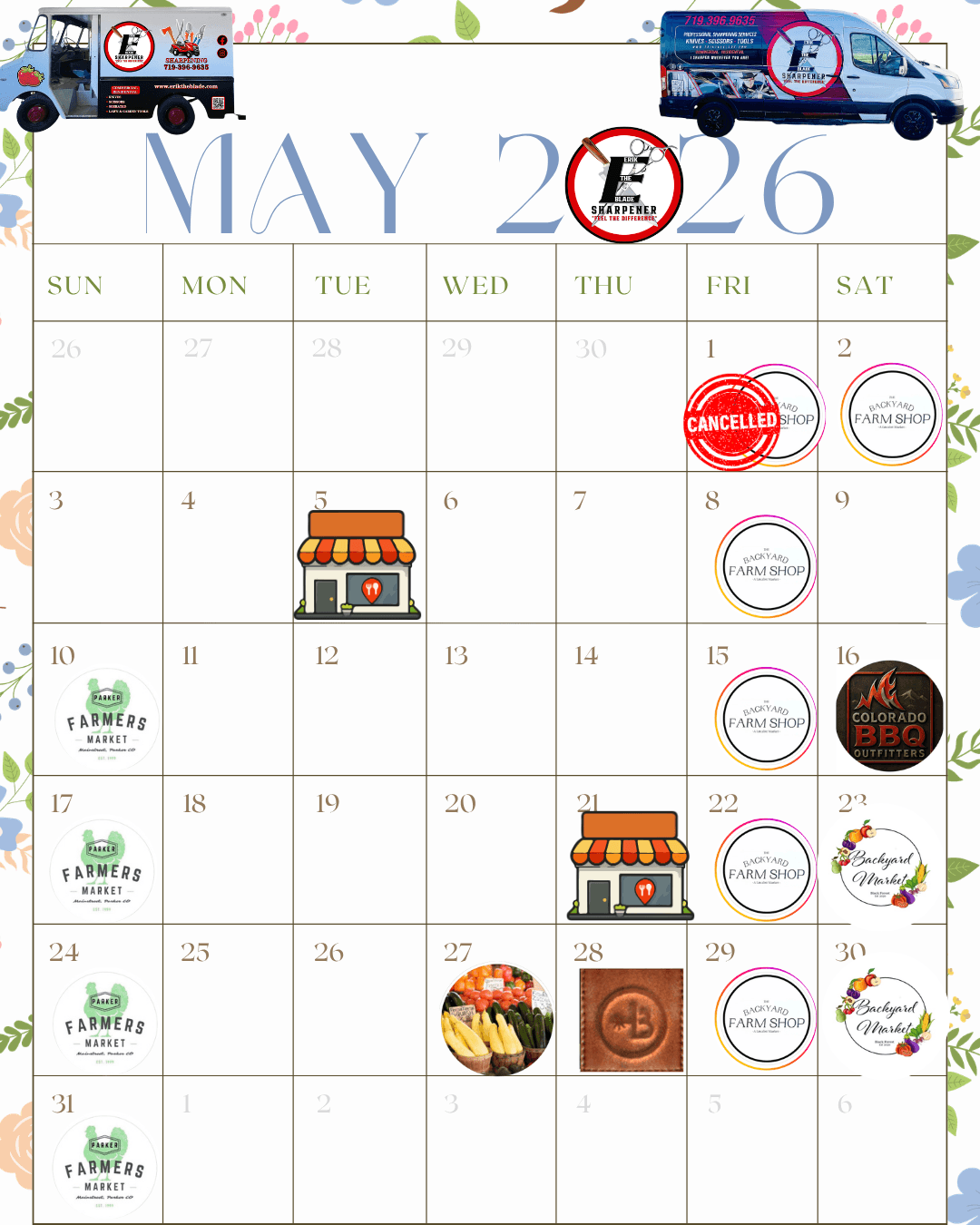 May sharpening calendar showing farmers market openings, Backyard Farm Shop Fridays, and mobile sharpening opportunities in Colorado Springs