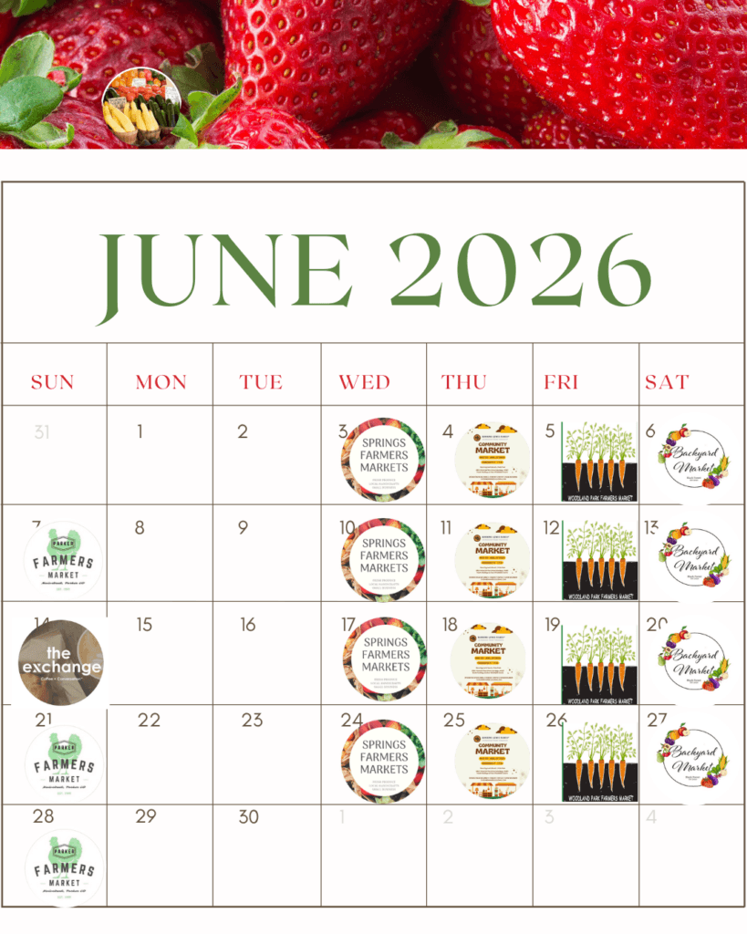 Erik the Blade Sharpener June 2026 sharpening schedule showing farmers markets across Colorado Springs including Springs Farmers Markets, Backyard Market Black Forest, Parker Farmers Market, Banning Lewis Ranch, and Woodland Park