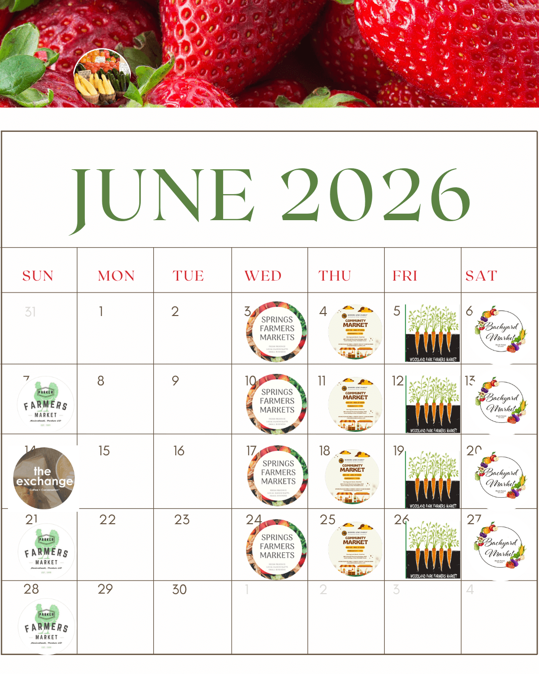 Erik the Blade Sharpener June 2026 sharpening schedule showing farmers markets across Colorado Springs including Springs Farmers Markets, Backyard Market Black Forest, Parker Farmers Market, Banning Lewis Ranch, and Woodland Park