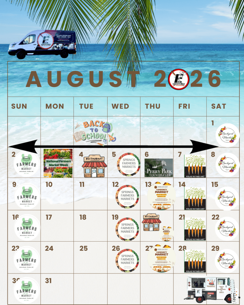 August 2026 monthly sharpening calendar for Erik "the Blade" Sharpener, showing weekly farmers market stops in Parker, Briargate, Woodland Park, and Black Forest, plus Perry Park Country Club and Banning Lewis Ranch community market events, with a mobile sharpening van and beach backdrop.